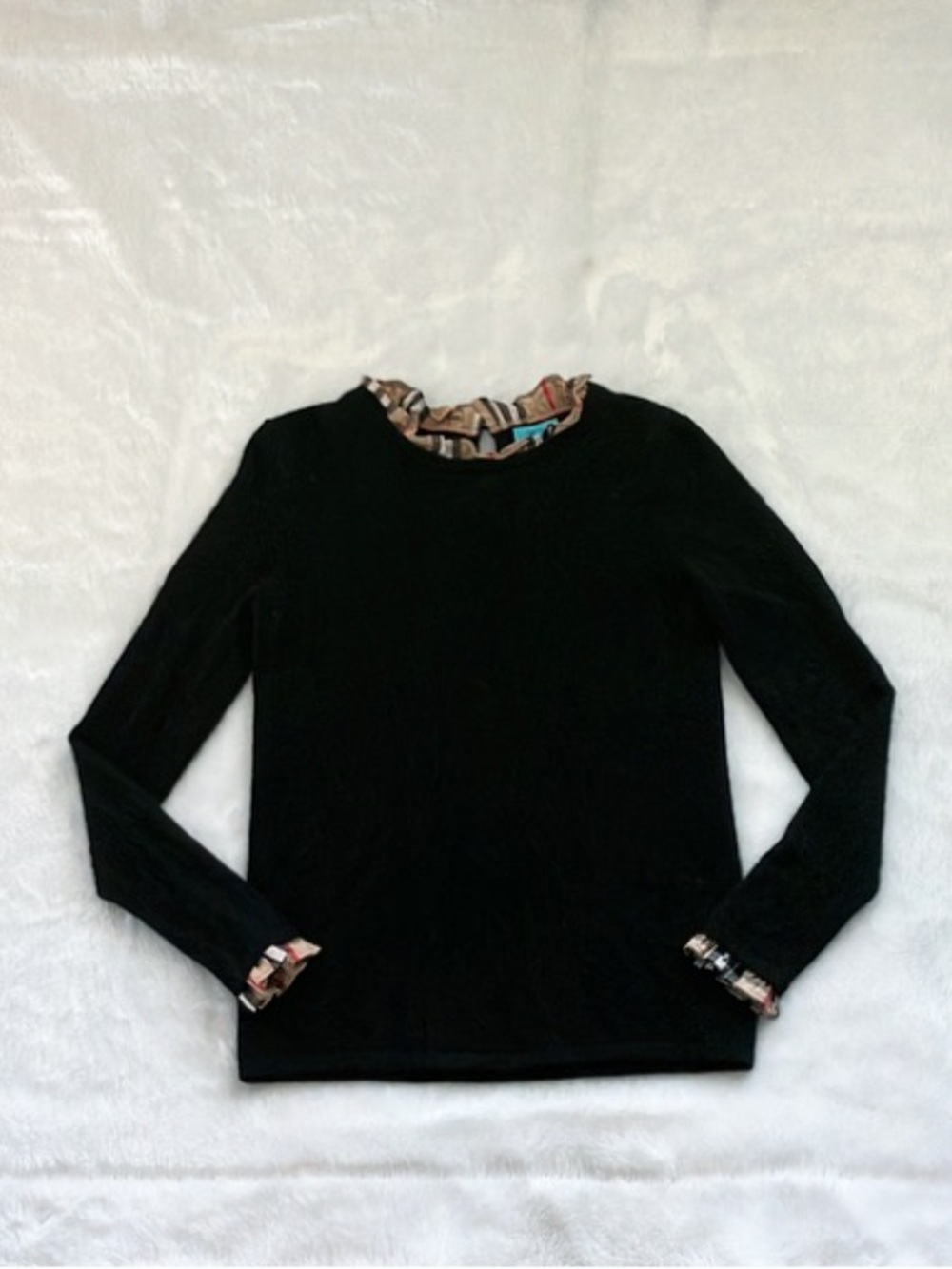 Like New Two Bees Cashmere Plaid Tartan Ruffle Black Wool Cashmere Blend Sweater